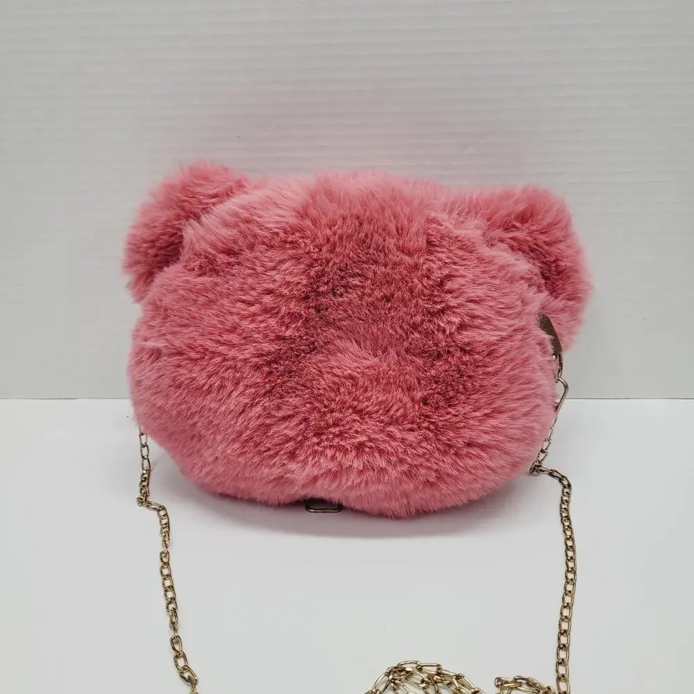 Plush Pink Bear Head 3D Backpack Purse Gold Chain Cosplay Dressup Anime